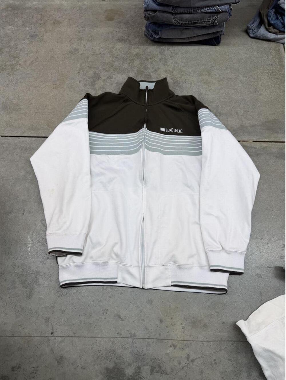 vintage ecko unltd white and brown zip up bomber jacket size xl HAS STAINS